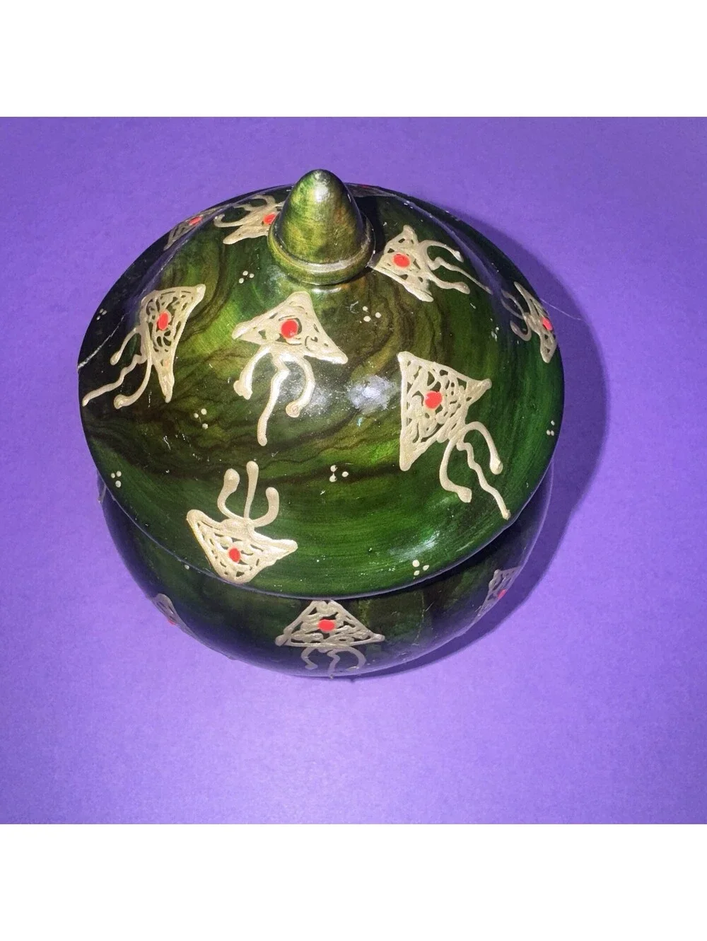 Vtg. Hand Painted Green Wooden Lidded Jar Apothecary Trinket Box Folk Art 4.5”